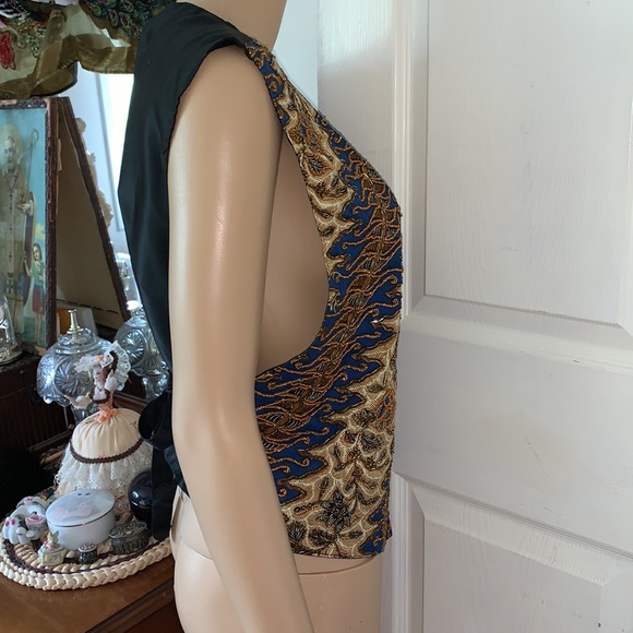 Vintage 80s beaded sleeveless black satin fancy VEST jacket L - Picture 11 of 16